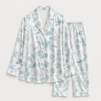 PJ-M175-Blue Satin Dragonfly Pajama Apparel, Botanical Floral Pattern Loungewear Sleepwear Collection Top Bottom Clothing