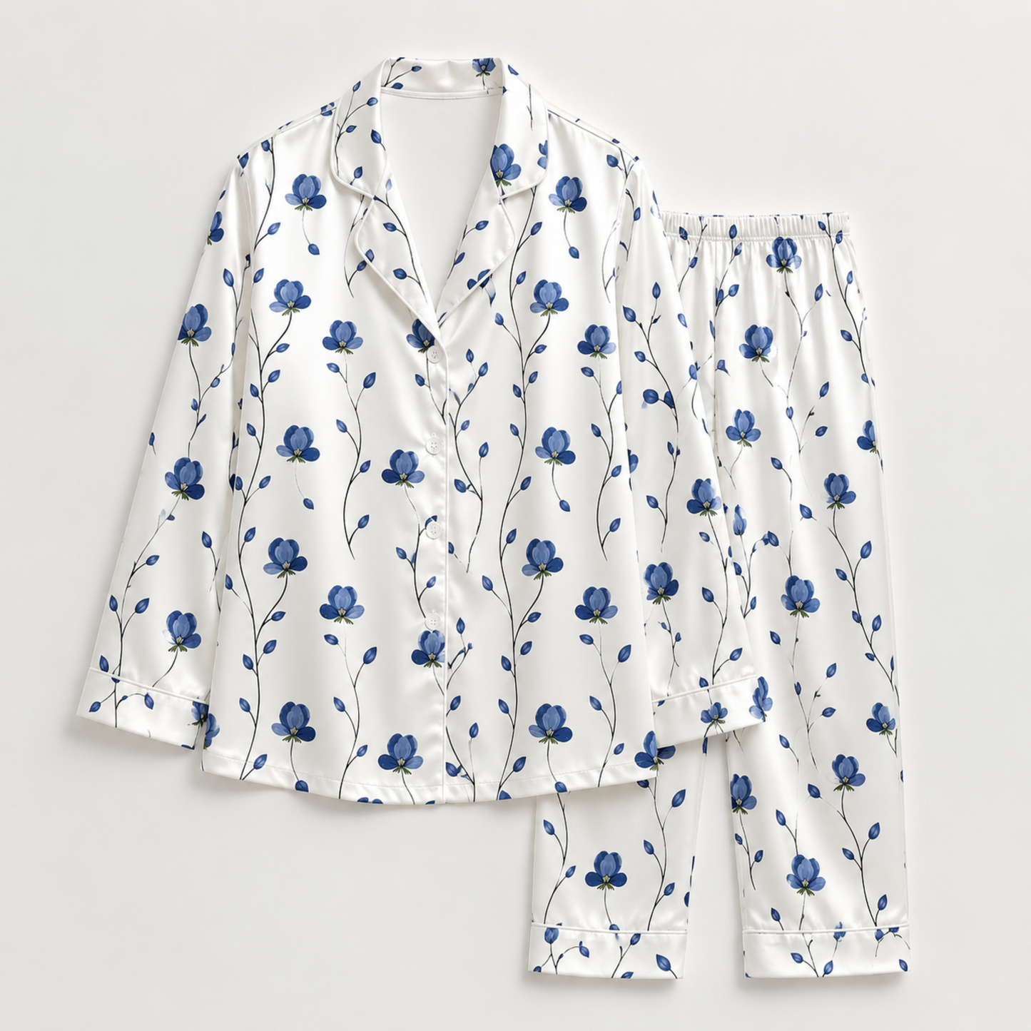 PJ-M176-Blue Floral Vine White Satin Pajama Set Two Piece Sleepwear Botanical Button Up Loungewear