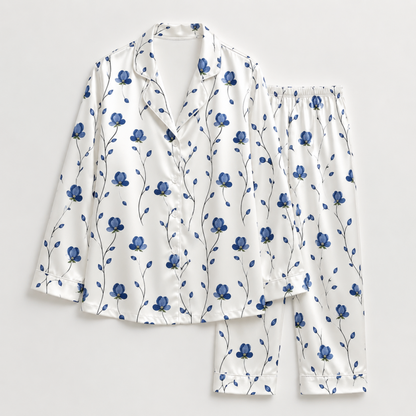 PJ-M176-Blue Floral Vine White Satin Pajama Set Two Piece Sleepwear Botanical Button Up Loungewear