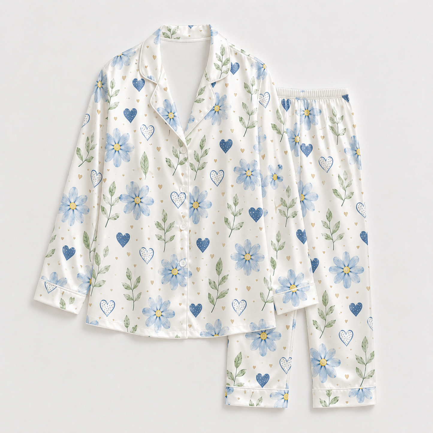 PJ-M177-Romantic Blue Floral Heart Satin Pajama Set Button Up Botanical Loungewear Sleepwear
