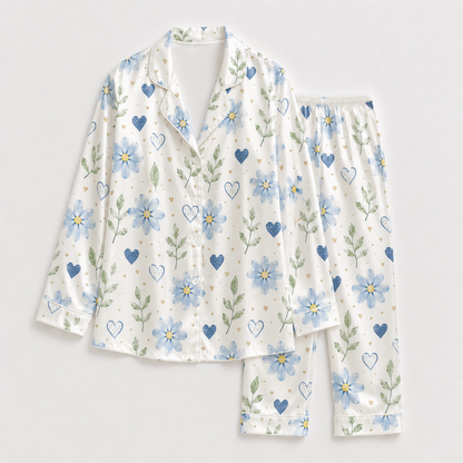PJ-M177-Romantic Blue Floral Heart Satin Pajama Set Button Up Botanical Loungewear Sleepwear