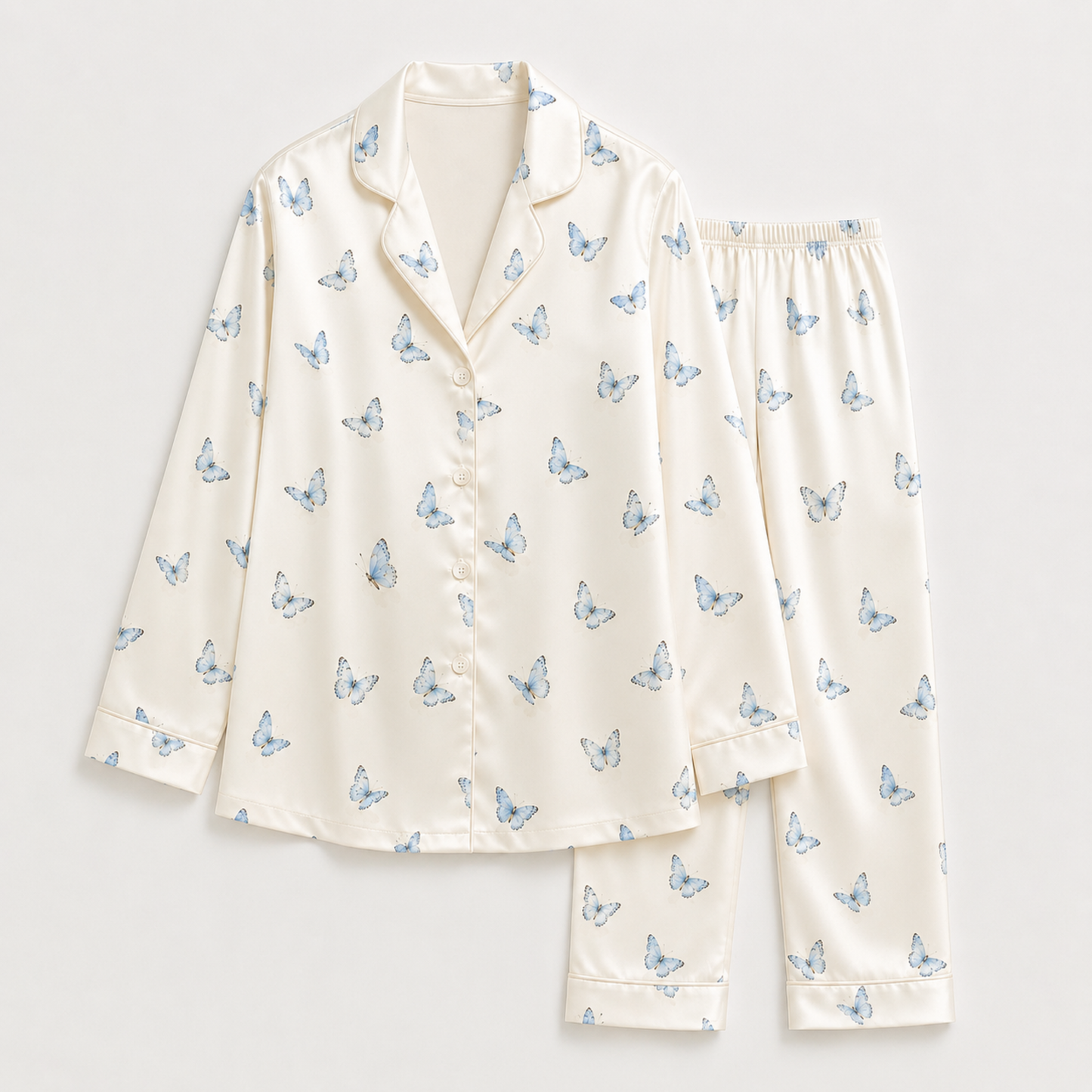 PJ-M179-Cream Blue Butterfly Satin Pajama Set Button Front Sleepwear Fairycore Loungewear