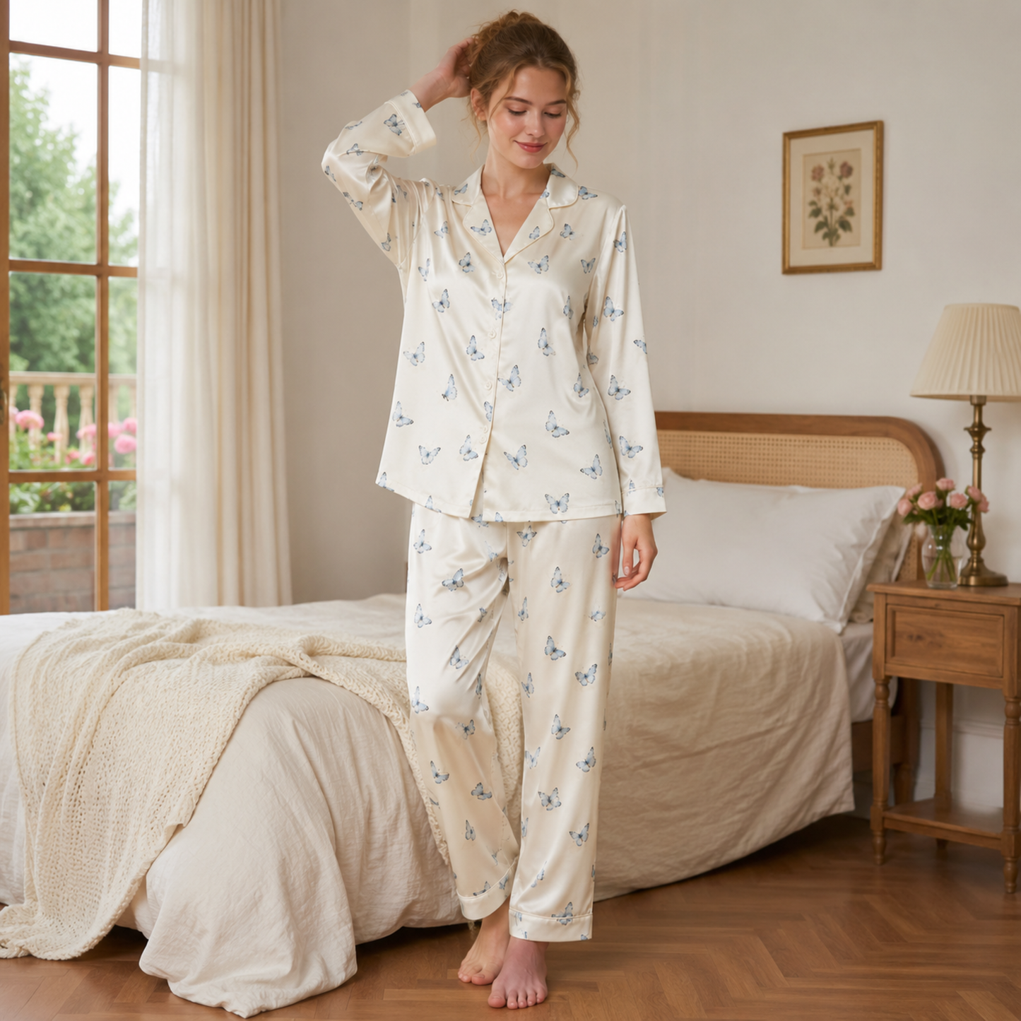 PJ-M179-Cream Blue Butterfly Satin Pajama Set Button Front Sleepwear Fairycore Loungewear