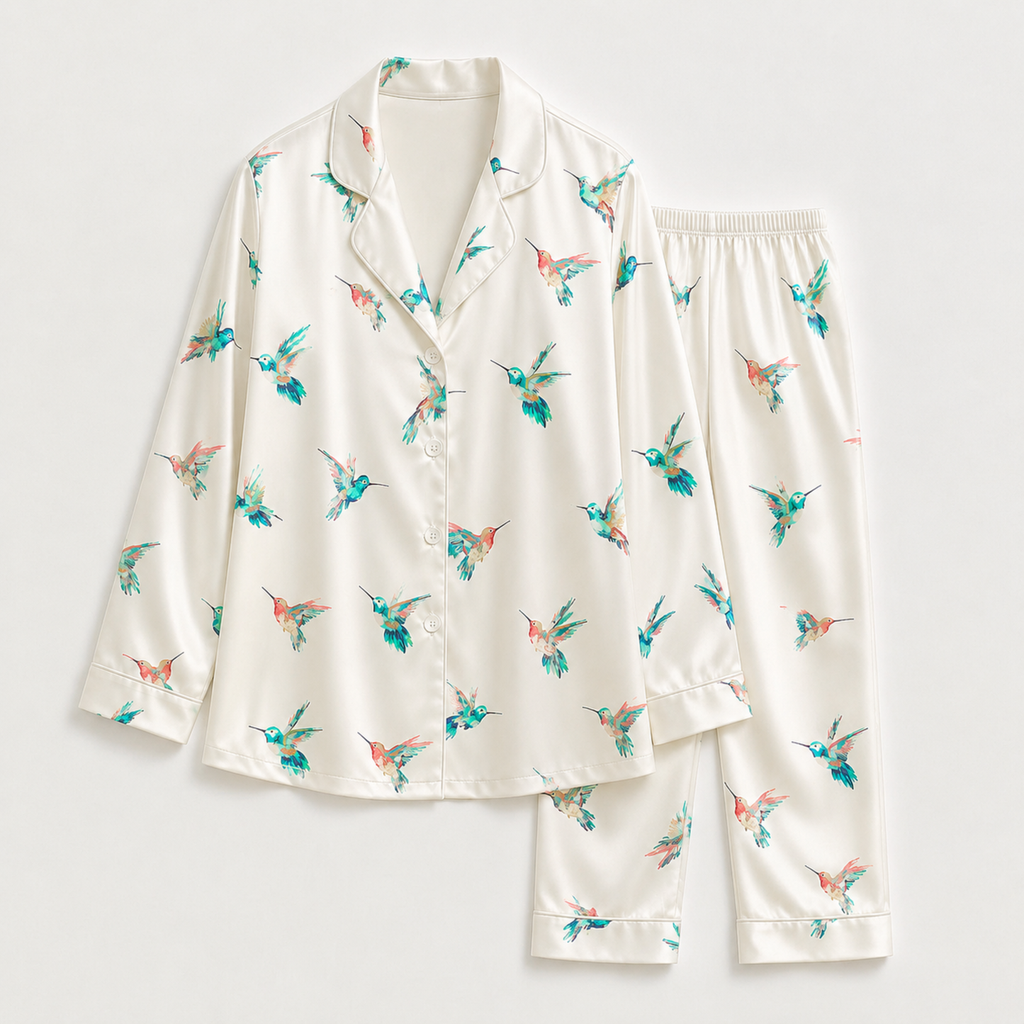 PJ-M180-White Teal Hummingbird Satin Pajama Set Tropical Bird Sleepwear Button Up Loungewear