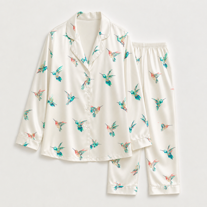 PJ-M180-White Teal Hummingbird Satin Pajama Set Tropical Bird Sleepwear Button Up Loungewear