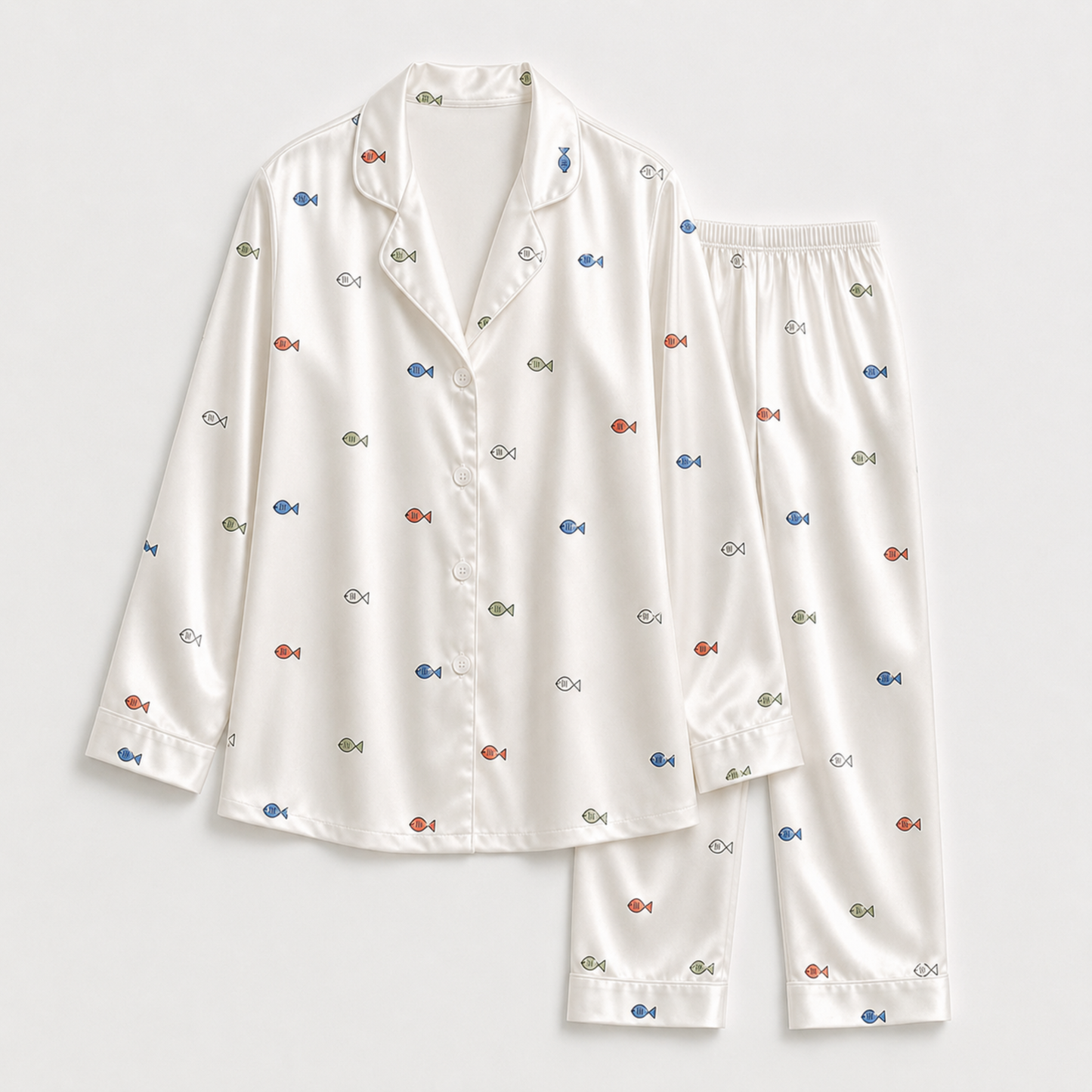 PJ-M181-Ditsy Fish Print Cream Satin Pajama Set Button Up Marine Sleepwear Loungewear
