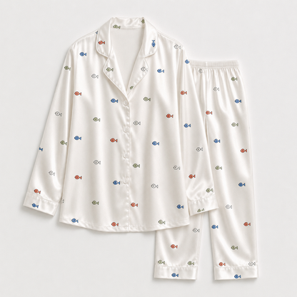 PJ-M181-Ditsy Fish Print Cream Satin Pajama Set Button Up Marine Sleepwear Loungewear