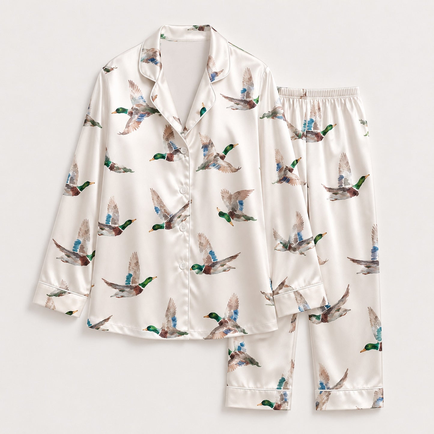 PJ-M182-Flying Mallard Duck White Satin Pajama Set Wildlife Print Sleepwear Button Down Loungewear