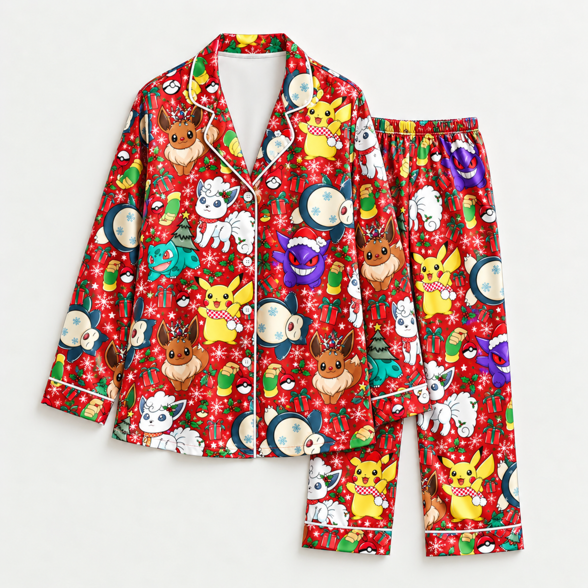 PJ-M1827-Pokémon Christmas Satin Pajama Set with Pikachu Eevee Gengar Bulbasaur and Festive Holiday Winter Pattern for Cozy Sleepwear