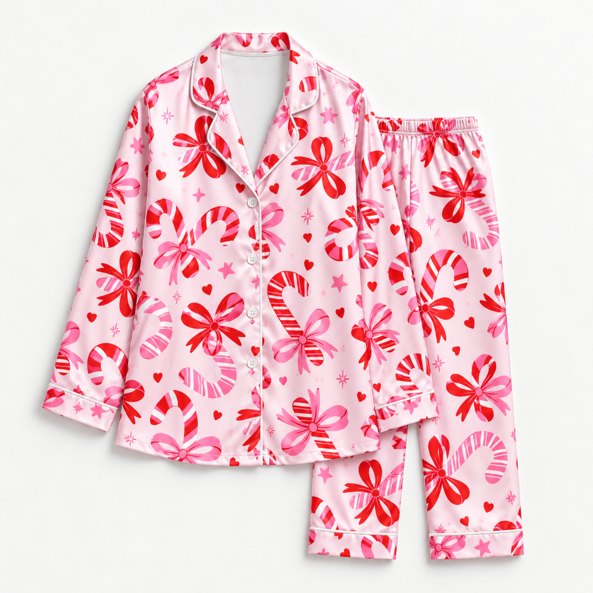 PJ-M1828-Pink Christmas Satin Pajama Set with Candy Canes Bows Hearts and Festive Holiday Pattern for Cozy Sleepwear