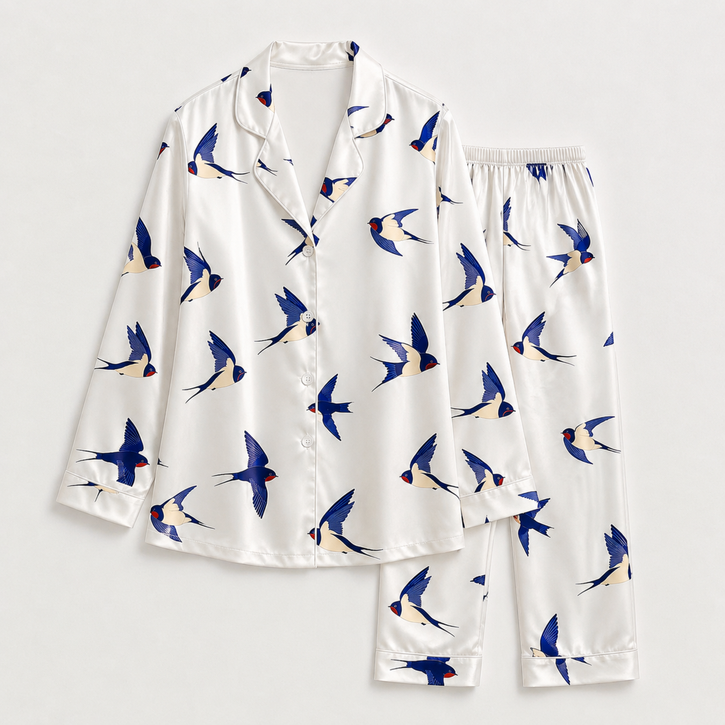 PJ-M183-Flying Swallow Bird White Satin Pajama Set Button Front Sleepwear Animal Print Loungewear
