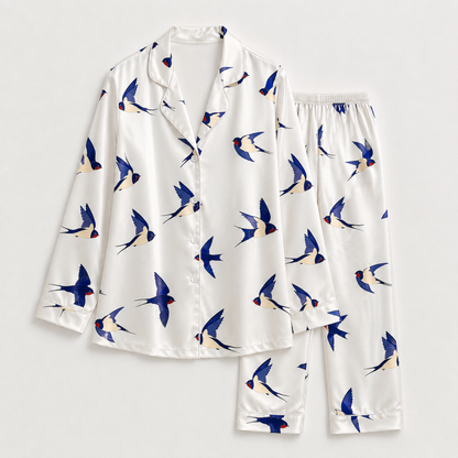 PJ-M183-Flying Swallow Bird White Satin Pajama Set Button Front Sleepwear Animal Print Loungewear