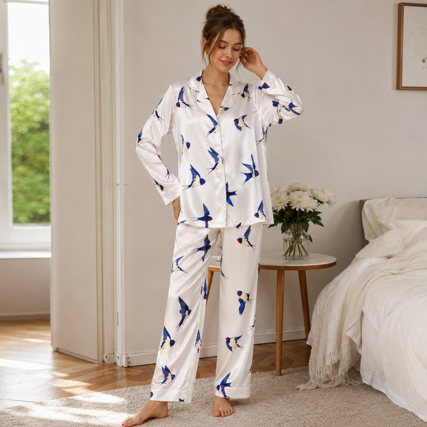 PJ-M183-Flying Swallow Bird White Satin Pajama Set Button Front Sleepwear Animal Print Loungewear