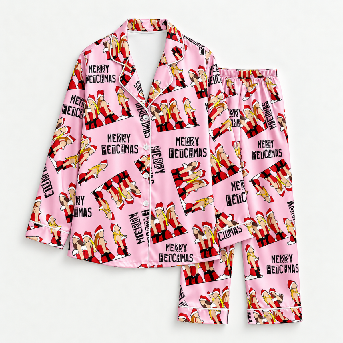 PJ-M1830-Merry Fetchmas Dog Christmas Satin Pajama Set with Santa Dogs Candy Canes and Playful Pink Holiday Pattern for Cozy Sleepwear