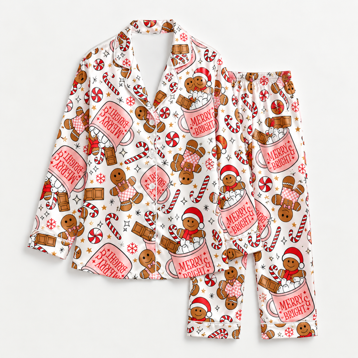 PJ-M1831-Gingerbread Christmas Satin Pajama Set with Candy Canes Peppermints Hot Cocoa and Merry Bright Holiday Pattern for Cozy Sleepwear