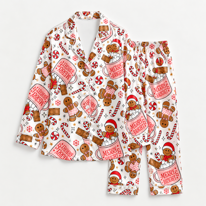 PJ-M1831-Gingerbread Christmas Satin Pajama Set with Candy Canes Peppermints Hot Cocoa and Merry Bright Holiday Pattern for Cozy Sleepwear