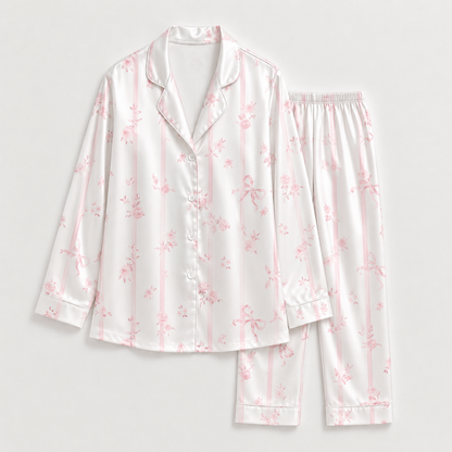 PJ-M184-Alabaster Satin Graphic Pajama Apparel, Elegant Flower Motif Layout Loungewear Sleepwear Collection Top Bottom Garments