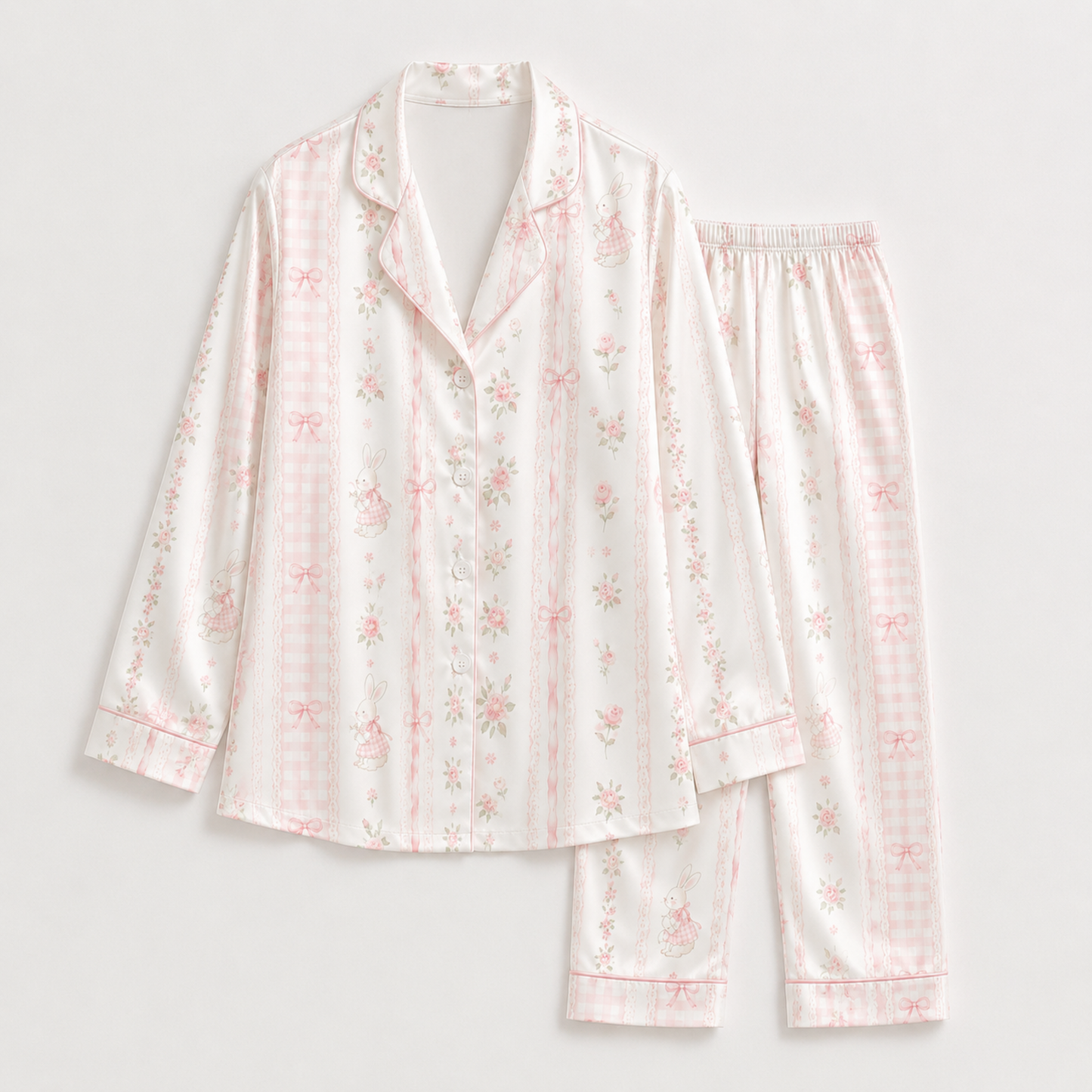 PJ-M185-Pink Satin Bunny Pajama Apparel, Striped Floral Pattern Loungewear Sleepwear Collection Top Bottom Clothes