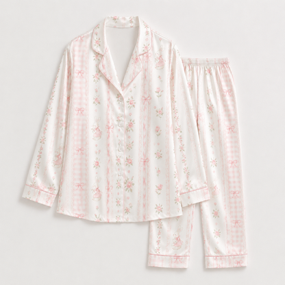 PJ-M185-Pink Satin Bunny Pajama Apparel, Striped Floral Pattern Loungewear Sleepwear Collection Top Bottom Clothes
