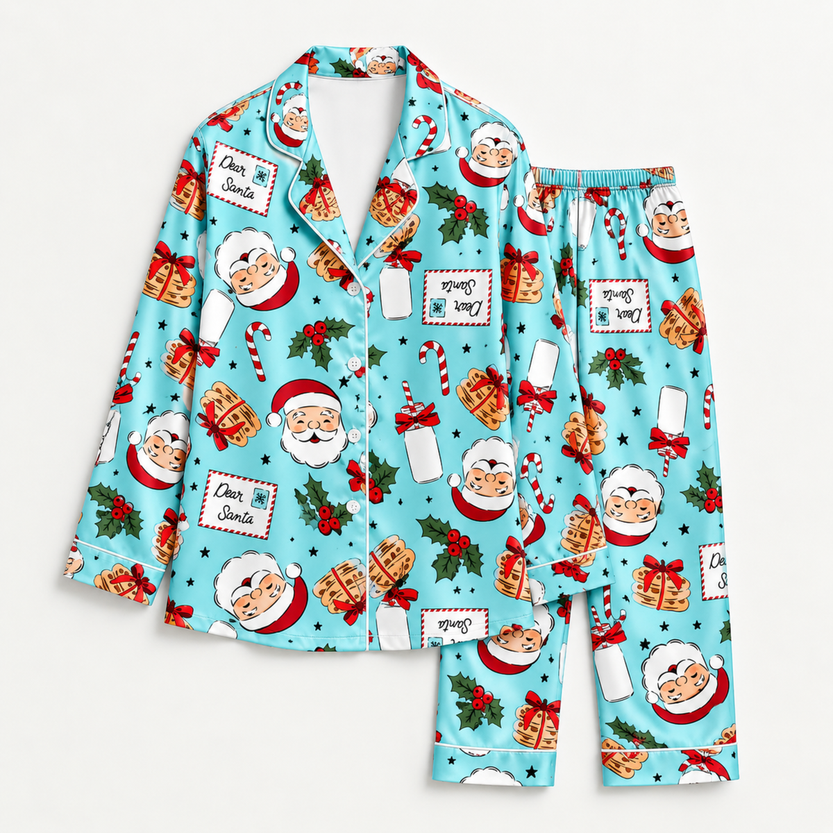 PJ-M1856-Dear Santa Christmas Satin Pajama Set, Milk Cookies Candy Cane Holly Festive Holiday Sleepwear
