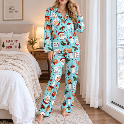 PJ-M1856-Dear Santa Christmas Satin Pajama Set, Milk Cookies Candy Cane Holly Festive Holiday Sleepwear