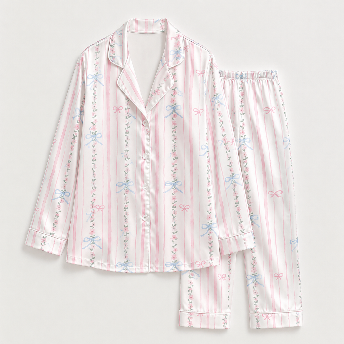 PJ-M186-Silk Aesthetic Pajama Apparel, Whimsical Bow Graphic Loungewear Sleepwear Collection Top Bottom Raiment