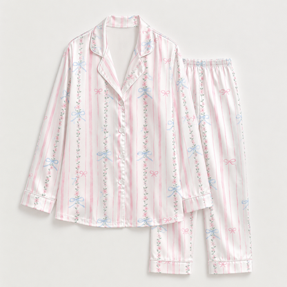 PJ-M186-Silk Aesthetic Pajama Apparel, Whimsical Bow Graphic Loungewear Sleepwear Collection Top Bottom Raiment