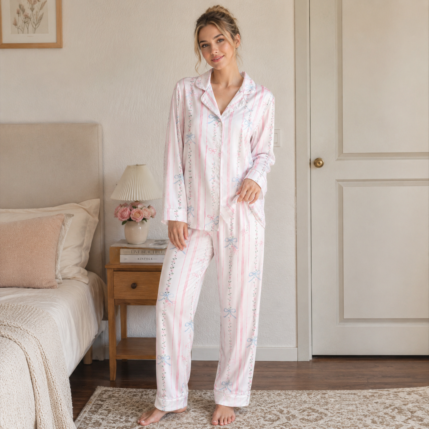 PJ-M186-Silk Aesthetic Pajama Apparel, Whimsical Bow Graphic Loungewear Sleepwear Collection Top Bottom Raiment