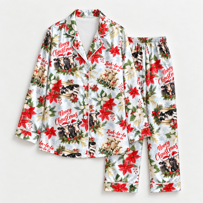 PJ-M1860-Merry Christmas Woodland Animals Satin Pajama Set, Poinsettia Raccoon Bunny Festive Holiday Sleepwear