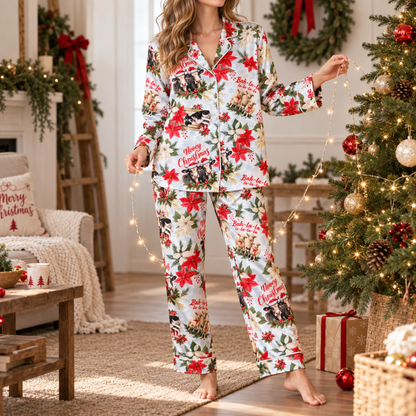 PJ-M1860-Merry Christmas Woodland Animals Satin Pajama Set, Poinsettia Raccoon Bunny Festive Holiday Sleepwear