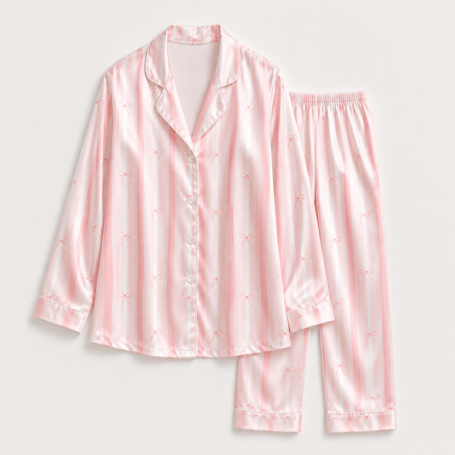 PJ-M187-Pink Striped Bow Satin Pajama Set Coquette Sleepwear Button Up Loungewear