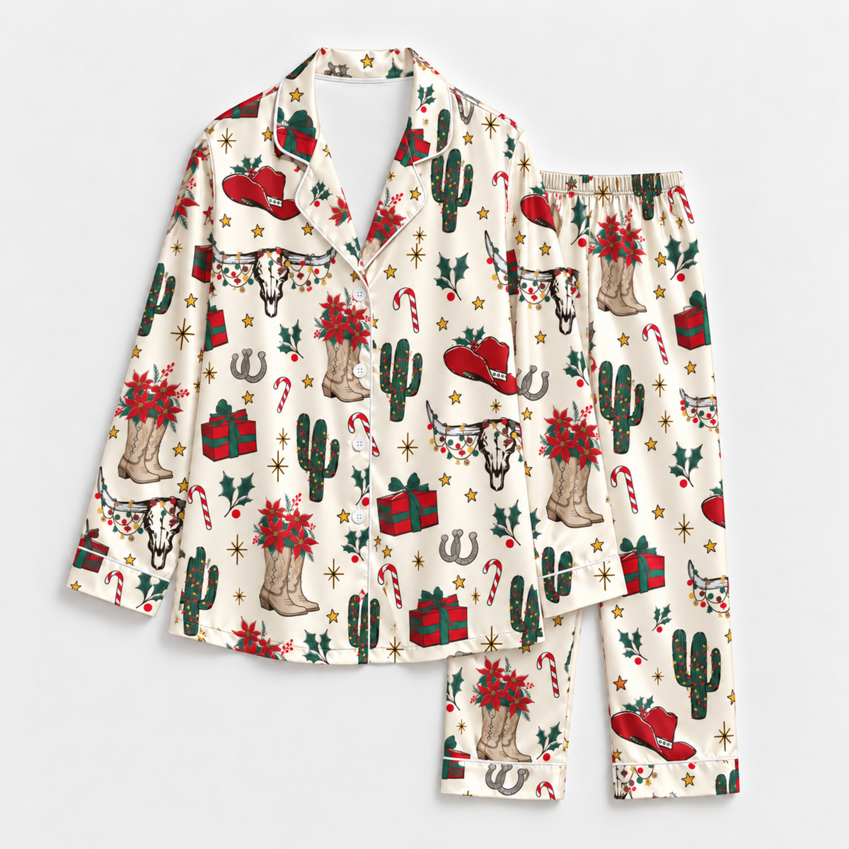 PJ-M1872-Western Christmas Satin Pajama Set, Cowboy Boots Cactus Hat Poinsettia Holiday Sleepwear