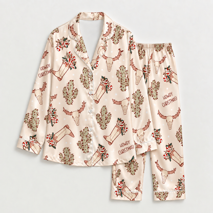 PJ-M1873-Howdy Christmas Satin Pajama Set, Western Cowboy Boots Longhorn Cactus Holiday Sleepwear