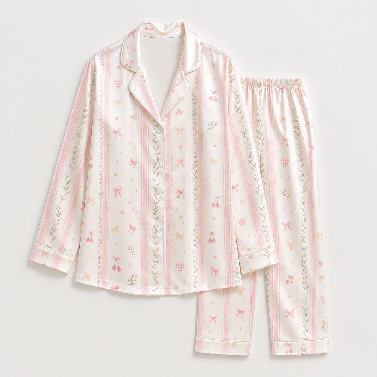 PJ-M188-Satin Cherry Pajama Apparel, Striped Bow Pattern Loungewear Sleepwear Collection Top Bottom Clothing