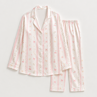 PJ-M188-Satin Cherry Pajama Apparel, Striped Bow Pattern Loungewear Sleepwear Collection Top Bottom Clothing