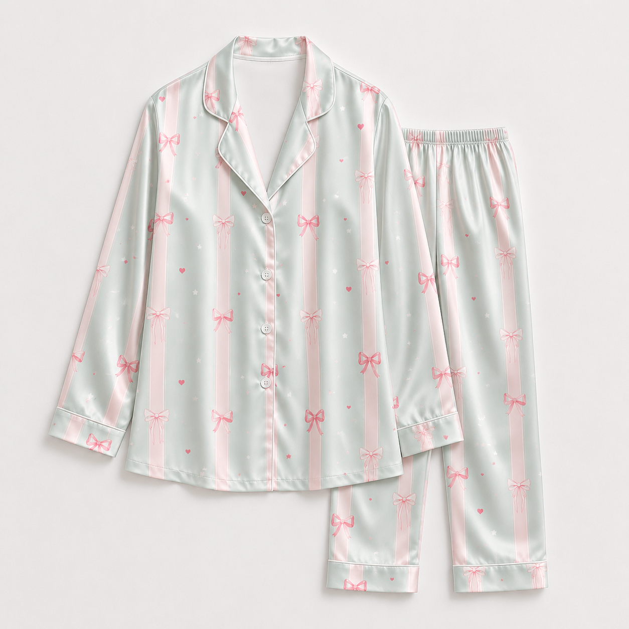 PJ-M189-Pastel Mint Pink Bow Striped Satin Pajama Set Heart Print Sleepwear Button Front Coquette Loungewear