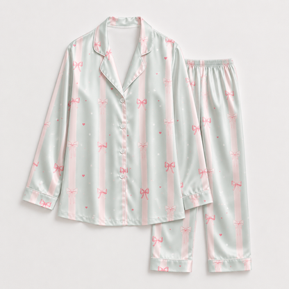 PJ-M189-Pastel Mint Pink Bow Striped Satin Pajama Set Heart Print Sleepwear Button Front Coquette Loungewear