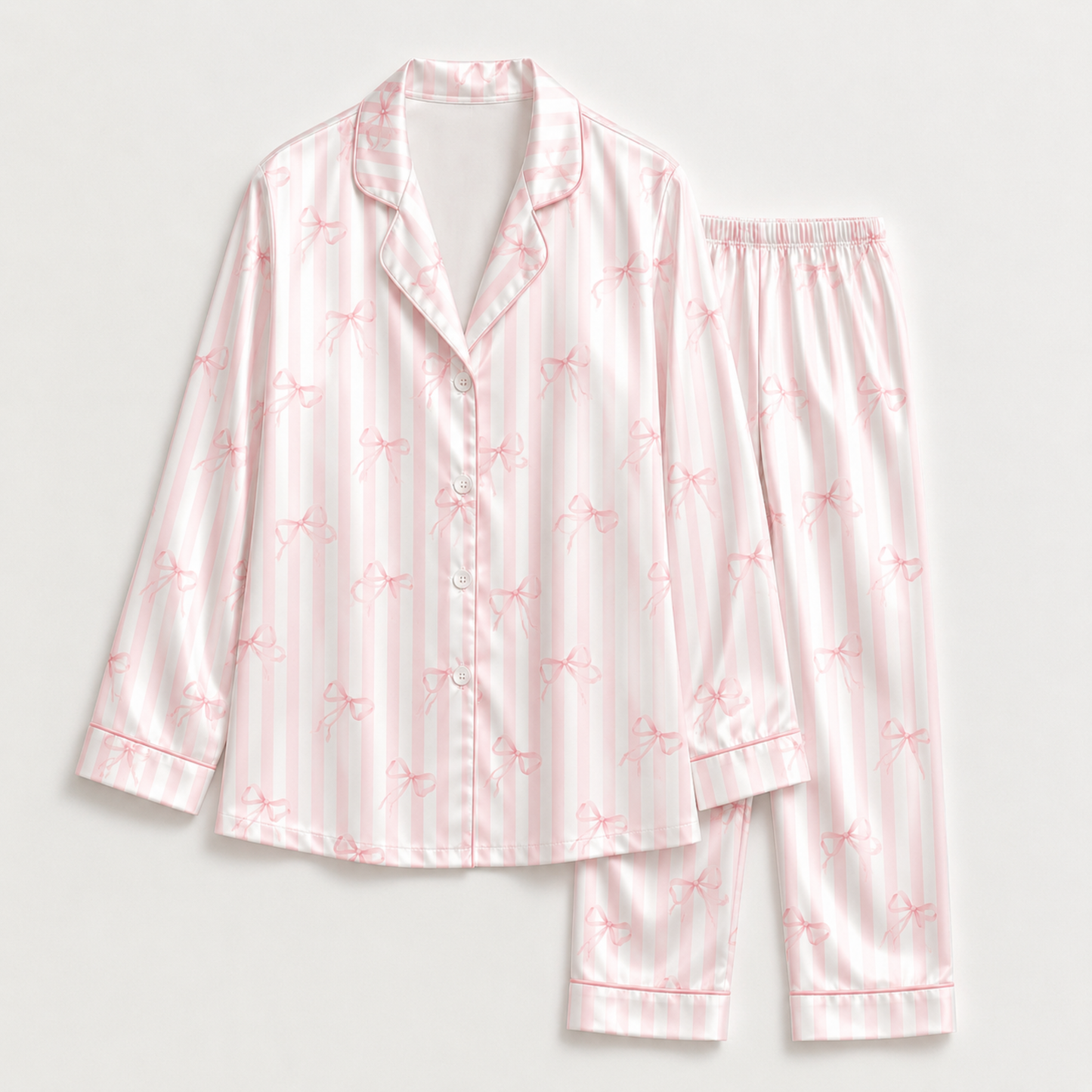 PJ-M190-Coquette Pink Striped Bow Satin Pajama Set Button Up Ribbon Sleepwear Loungewear