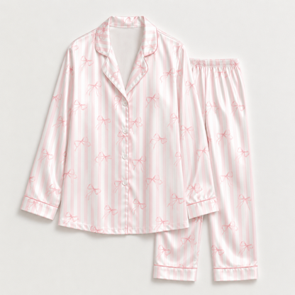 PJ-M190-Coquette Pink Striped Bow Satin Pajama Set Button Up Ribbon Sleepwear Loungewear