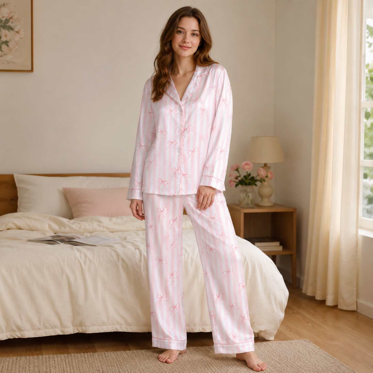PJ-M190-Coquette Pink Striped Bow Satin Pajama Set Button Up Ribbon Sleepwear Loungewear