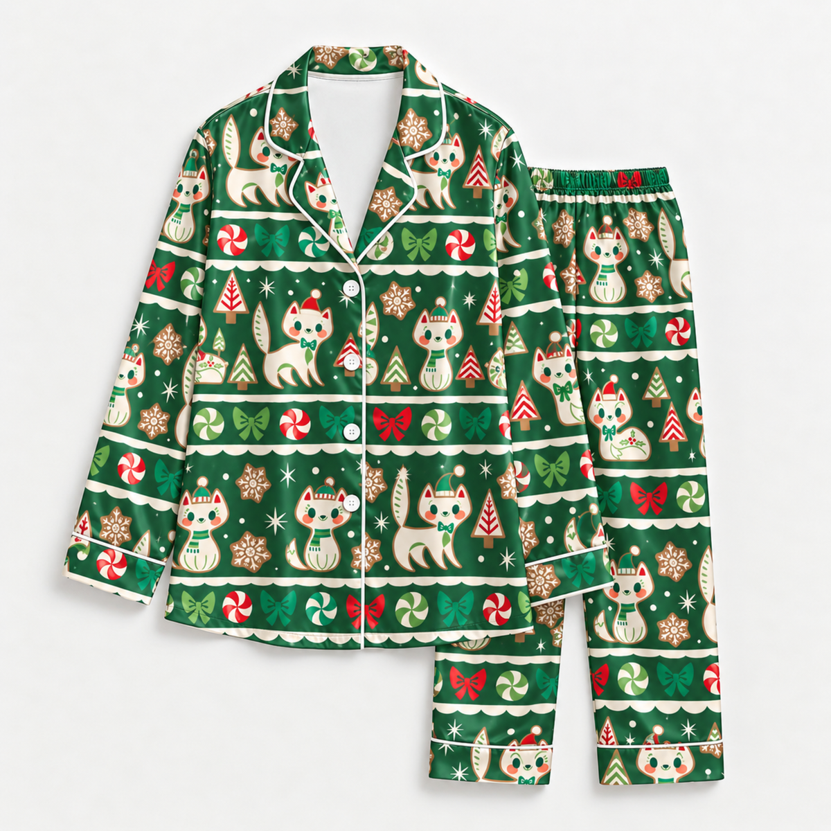 PJ-M1902-Christmas Cat Candy Cane Satin Pajama Set, Green Festive Holiday Cozy Sleepwear