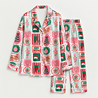 PJ-M1903-Retro Christmas Treats Satin Pajama Set, Gingerbread Candy Festive Holiday Sleepwear
