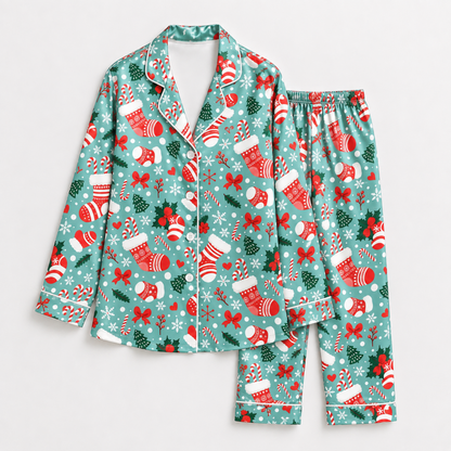 PJ-M1906-Christmas Stocking Candy Cane Satin Pajama Set, Festive Snowflake Holiday Cozy Sleepwear