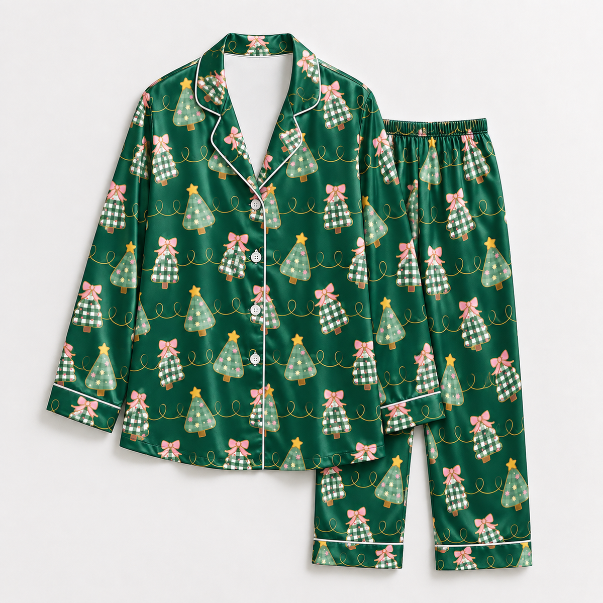 PJ-M1908-Christmas Tree Bow Satin Pajama Set, Green Festive Holiday Cozy Sleepwear