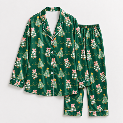 PJ-M1908-Christmas Tree Bow Satin Pajama Set, Green Festive Holiday Cozy Sleepwear
