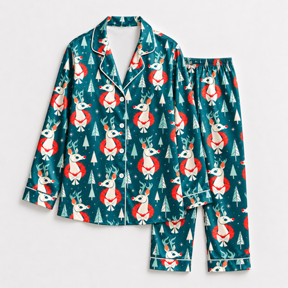PJ-M1909-Festive Reindeer Forest Satin Pajama Set, Teal Christmas Winter Holiday Sleepwear
