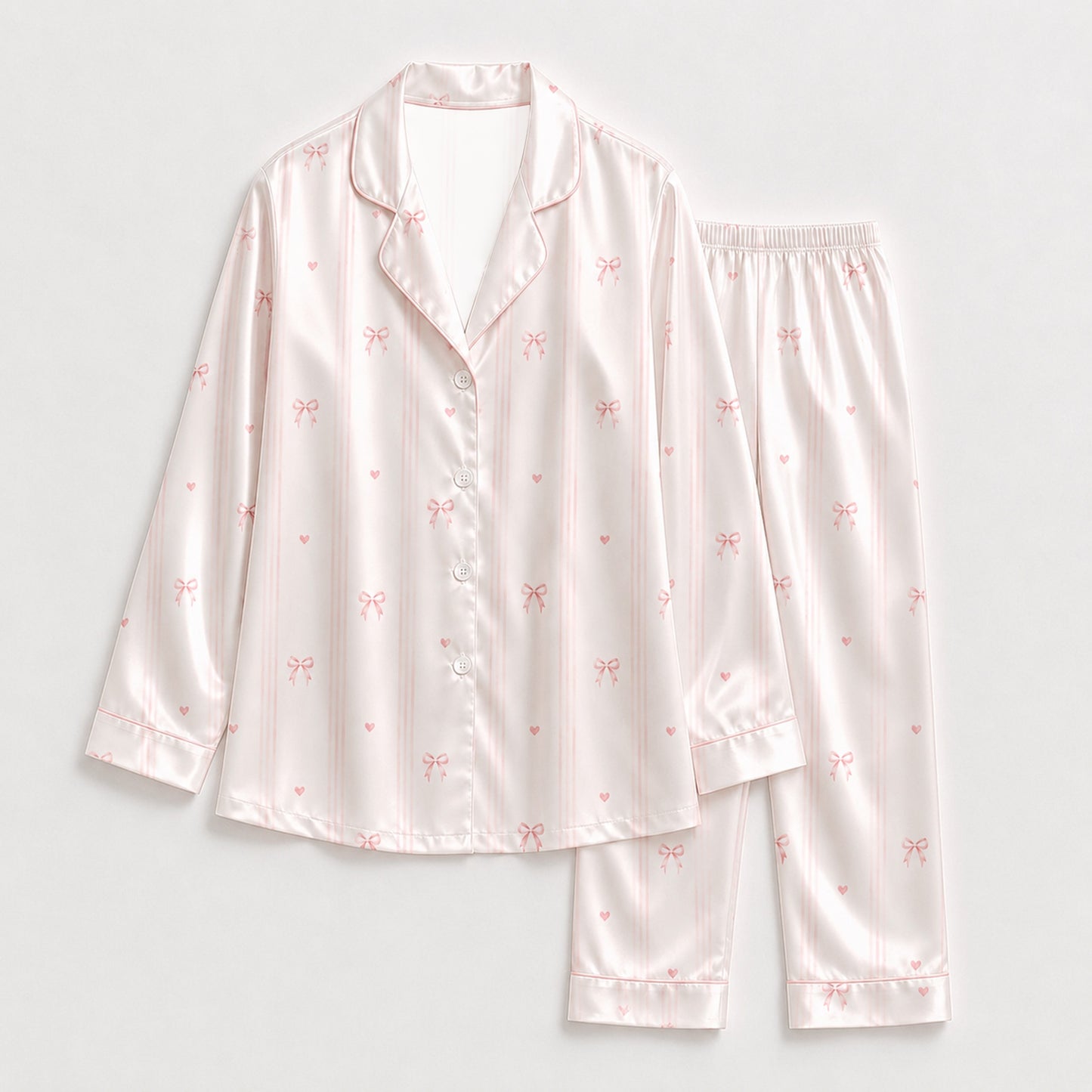 PJ-M191-White Thin Pink Striped Bow Satin Pajama Set Heart Detail Sleepwear Button Up Loungewear