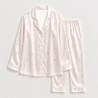 PJ-M191-White Thin Pink Striped Bow Satin Pajama Set Heart Detail Sleepwear Button Up Loungewear