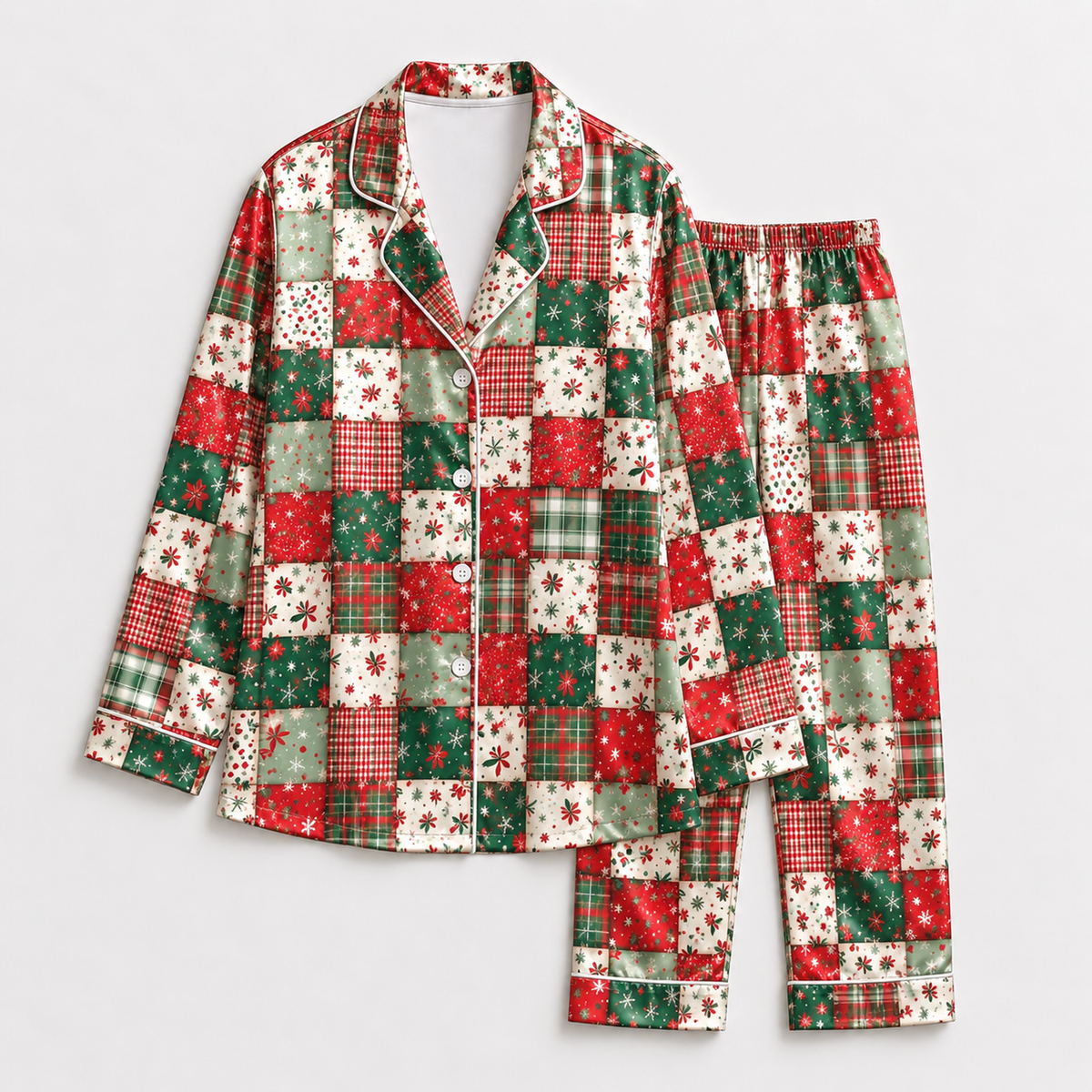 PJ-M1910-Christmas Patchwork Plaid Satin Pajama Set, Red Green Vintage Holiday Sleepwear