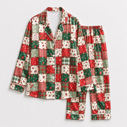 PJ-M1910-Christmas Patchwork Plaid Satin Pajama Set, Red Green Vintage Holiday Sleepwear